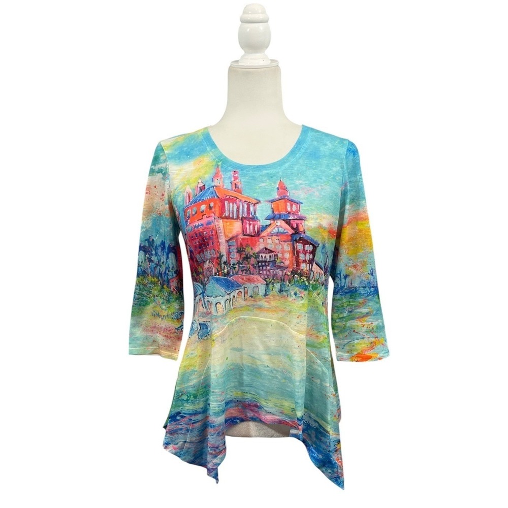 Leoma Lovegrove PS Petite Small Blue Art Print Sharkbite Hem 3/4 Sleeve Top
